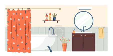 Illustration for Cartoon bathroom interior with mirror and bath. Vector of cartoon home bathtub, sink and shower, interior of design indoor room for hygiene illustration - Royalty Free Image