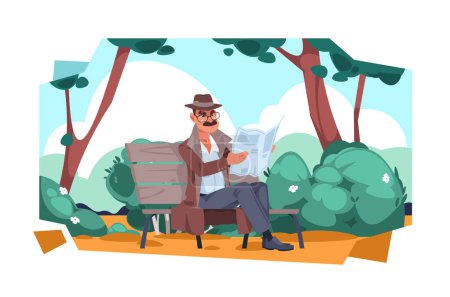 Illustration for Cartoon detective character reading newspaper in park. Vector of cartoon character detective, reading book and education illustration - Royalty Free Image