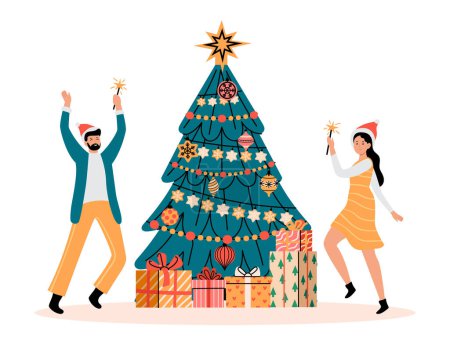 Illustration for Christmas people celebrating winter holiday near decorated fir tree. Vector of christmas holiday winter, illustration of celebration xmas with tree and party - Royalty Free Image