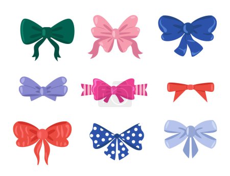 Cute hair bowknot and gift package tied elements, cartoon colorful woman hairstyle different shapes and textures. Illustration of bowknot elements, bow tied