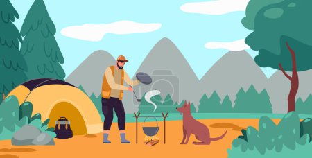 Téléchargez les illustrations : Homme chasseur cuisine sur le feu à l'extérieur sur la cuisine de champ dans le camping après la randonnée. Vecteur de chasse et de feu près du camp, cuisine d'illustration - en licence libre de droit