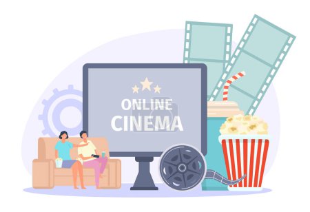 Illustration for Online cinema concept, pop corn and sofa. Vector of entertainment concept, theater design, web cinematography with popcorn illustration - Royalty Free Image