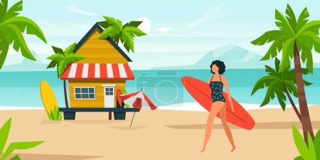 Illustration for Summer sea activity, girl with surfboard on beach. Vector of beach surfboard and surfing vacation, activity travel illustration - Royalty Free Image