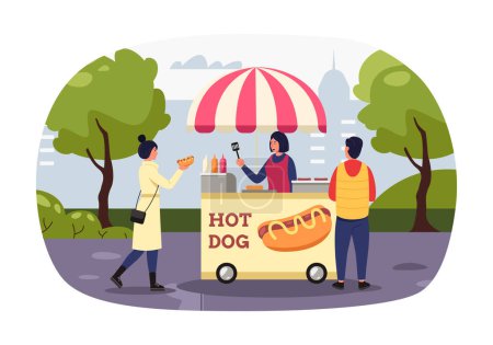 Illustration for Woman buying hot dog, concept of street food. Vector of fast meal concept, man seller cartoon, out cafe illustration - Royalty Free Image
