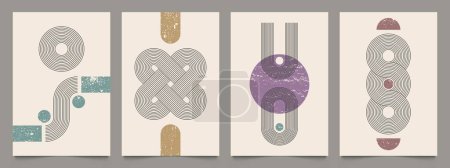 Ilustración de Carteles boho de rayas abstractas. Impresión de línea abstracta minimalista para el diseño de póster, textura geométrica simple para la decoración del hogar. Ilustración vectorial de la línea boho minimalista, contemporánea - Imagen libre de derechos