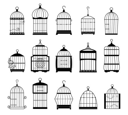 Illustration for Empty bird cage silhouettes. Cute bird house for different types of birds, decorative metal cage for domestic canary symbol. Vector isolated set of empty cage silhouette illustration - Royalty Free Image