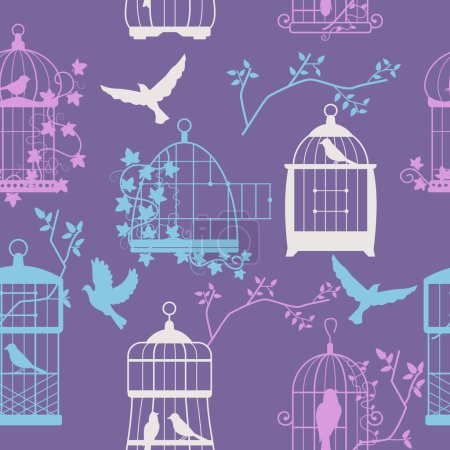 Illustration for Bird cage pattern. Seamless print of ornate wooden bird cages with various animals, nature decorative background for wrapping paper. Vector texture of cage seamless pattern wallpaper illustration - Royalty Free Image