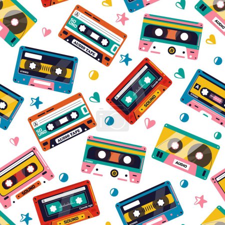 Illustration for Tape cassette pattern. Seamless print of old outdated tape audio cassette, retro stereo music tape texture for wrapping paper. Vector illustration of retro cassette pattern - Royalty Free Image
