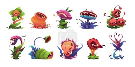 Illustration for Monster plants. Cartoon scary carnivorous plants, evil alien green plants with teeth and fangs, funny animal mascot flora icons. Vector set of monster plant scary illustration - Royalty Free Image