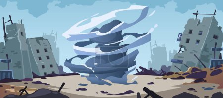 Illustration for Tornado catastrophe background. Cartoon hurricane windstorm destruction, buildings demolished by cyclone, tornado stormy disaster concept. Vector illustration of hurricane tornado disaster - Royalty Free Image