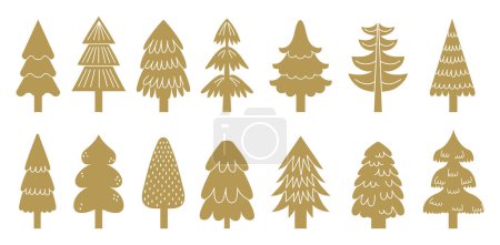 Téléchargez les illustrations : Arbre de Noël doré icônes de la collection pour les vacances. Vecteur de l'icône de l'arbre de vacances, symbole joyeux Noël illustration - en licence libre de droit