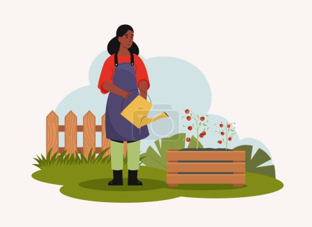 Illustration for Woman working at garden, watering and gardening. Vector of woman at garden, outdoor farmer growing illustration - Royalty Free Image