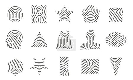 Illustration for Fingerprint shapes. Minimalistic circular fingerprint icons, face thumbprint and iris scan, id card and security protection. Vector isolated set of security template biometric illustration - Royalty Free Image