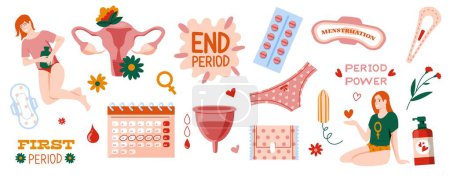 Ilustración de Períodos menstruales establecidos. Iconos de ciclo femenino para servilletas de papel, almohadillas de algodón y productos de higiene de época. Conjunto de vectores de salud reproductiva femenina del período de menstruación e ilustración de higiene femenina - Imagen libre de derechos