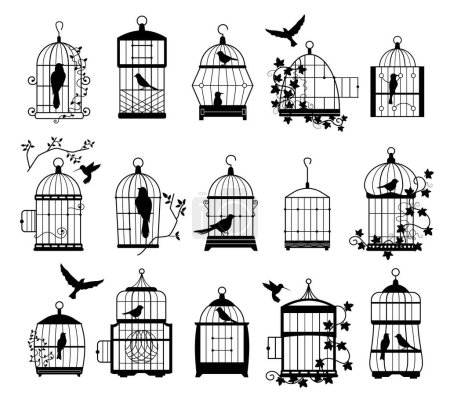 Illustration for Bird cages with birds silhouettes. Black wall decals with flying birds in cages, minimalistic decorative art for interior. Vector isolated collection of silhouette black cage illustration - Royalty Free Image