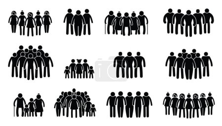 Ilustración de Mucha gente. Grupo de personas con siluetas de palo negro, turba humana con cola y concepto de diversidad. Vector aislado conjunto de grupo multitud personas ilustración - Imagen libre de derechos
