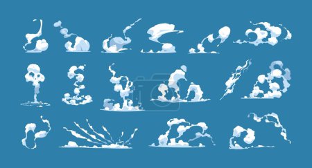 Ilustración de Nubes de vapor establecidas. Dibujos animados azul niebla y rastro de vapor para niños juego, flujo de aire y efecto de viento para el diseño de interfaz de usuario. Vector aislado colección de dibujos animados niebla vapor ilustración - Imagen libre de derechos