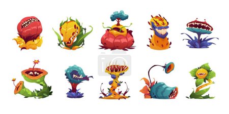 Illustration for Carnivorous plant. Cartoon monster plants with teeth and tongue, toxic monster plants with canines and teeth, botanical carnivore flora. Vector set of monster carnivore fantasy illustration - Royalty Free Image