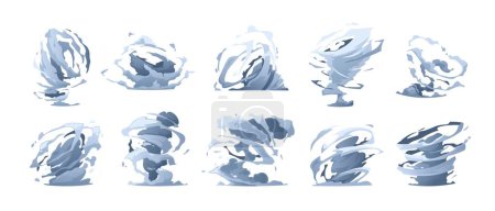 Illustration for Cartoon tornado effect. Windy cyclone hurricane whirlwind animation sprite, fast hurricane wind vortex destruction sprite asset. Vector isolated set of cyclone weather typhoon illustration - Royalty Free Image