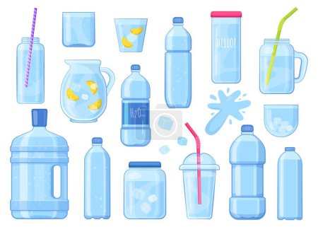 Ilustración de Paquete de agua de dibujos animados. Botellas de vidrio y envases de plástico con agua fría, elemento natural de la bebida. Colección aislada vectorial de ilustración de vidrio botella de agua - Imagen libre de derechos