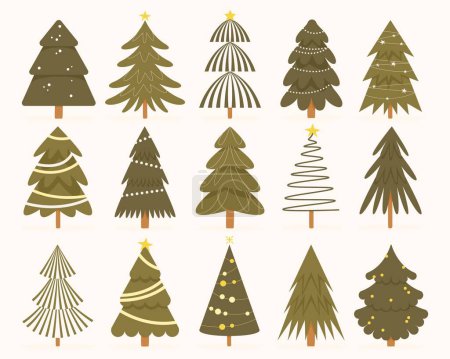 Téléchargez les illustrations : Collection d'arbres de Noël. Dessin animé arbre de Noël avec des cadeaux et des jouets, sapin coloré arbres de Noël avec des ornements. Ensemble vectoriel d'illustration d'arbre de vacances d'hiver - en licence libre de droit