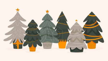 Illustration for Christmas trees in pots. Cartoon green fir trees decorated with baubles, christmas tree in bucket with gifts for new year celebration. Vector isolated set. Illustration of fir tree green cartoon - Royalty Free Image