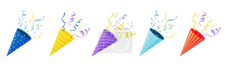 Illustration for Popper icons with confetti. Cartoon cracker and party popper icons, colorful celebration falling paper glitter for chat application. Vector set of birthday icon event illustration - Royalty Free Image