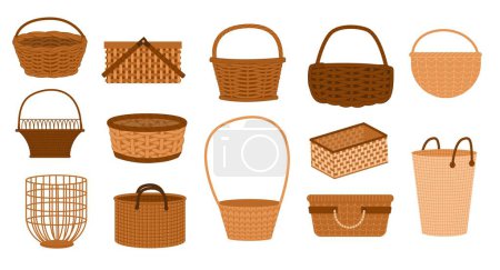 Illustration for Wicker baskets. Handmade woven straw containers for grocery shopping, traditional rural picnic baskets for eco packaging. Vector set. Ecological handcrafted accessory for carrying products - Royalty Free Image
