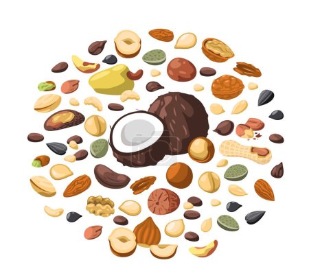 Illustration for Nuts circle. Cartoon pack of dried nuts kernel, pistachio almond cashew hazelnut, organic food healthy snack. Vector isolated set. Delicious raw products, fresh nutritious ingredients - Royalty Free Image