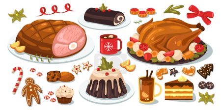 Illustration for Christmas food set. Cartoon traditional christmas dinner with roasted turkey, baked sweet pies and desserts, turkey dinner with tea and coffee. Vector flat collection. Delicious homemade meal - Royalty Free Image