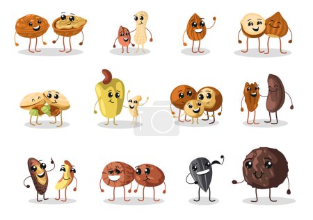 Illustration for Nuts mascot. Cartoon cashew walnut almond pieces, cute healthy snack nut characters, organic food nutrition concept. Vector set. Delicious ingredients as pistachio, coconut with smiling faces - Royalty Free Image