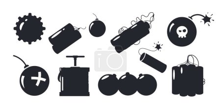 Illustration for Bomb silhouette. Black explosive dynamite and grenade icons, military and civil danger symbols. Vector isolated collection. Detonator for dangerous explosion and destruction, violence concept set - Royalty Free Image