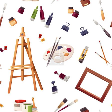 Illustration for Art tools pattern. Seamless print of various painting and drawing equipment, endless background with cartoon paintbrush palette pencils. Vector texture. Professional objects for creative work - Royalty Free Image