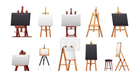 Illustration for Easel collection. Blackboard chalkboard frames, blank canvas board for artist painting, studio study mockup. Vector set. Equipment for drawing, stand with canvas for artwork creation - Royalty Free Image