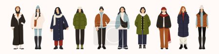 Illustration for Women in fashion winter clothes. Modern trendy female characters wearing casual elegant outfit, trendy stylish street fashion. Vector isolated set. Girls in warm clothing as scarfs, coats - Royalty Free Image
