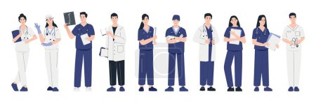 Illustration for Doctors and medics. Cartoon medical workers in uniform giving treatment and care, medical clinic stuff with doctors and nurses in white coats. Vector set. Man and woman professional workers - Royalty Free Image