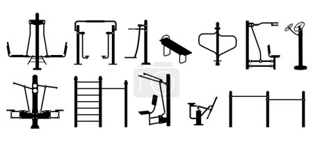 Illustration for Outdoor workout equipment silhouette. Fitness gym equipment horizontal bar, outdoor fitness bar with machines and fitness equipment. Vector illustration of silhouette workout tools, - Royalty Free Image