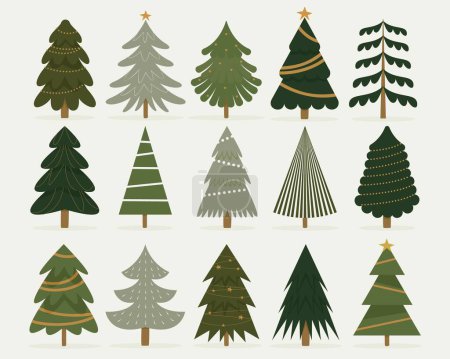 Illustration for Winter christmas tree collection. Cartoon traditional fir trees decorated with balls sparkle snowflakes and presents, holiday season celebration vector set of tree christmas illustration - Royalty Free Image