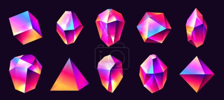 Abstrakte Kristalle. Magische Schmucksteine mit Regenbogenreflexen, glänzende polyederartige Prismatikelemente im Cartoon-Stil. Vektorsammlung. Leuchtend glänzende Edelsteine und geometrische Formen Set