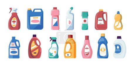 Illustration for Household chemichals. Cartoon liquid soap and detergent bottles, foam and liquid cleaning products for home and bathroom. Vector set. Isolated product package templates for washing service - Royalty Free Image