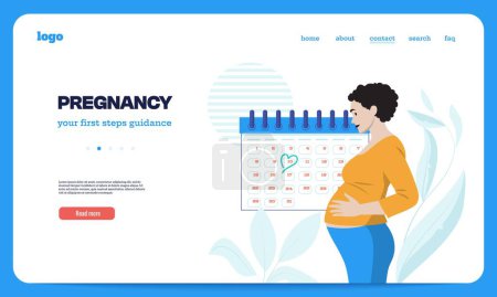 Illustration for Pregnancy landing page. Mother and baby characters on maternity leave banner, cartoon pregnant woman characters on banner. Vector illustration. Young person expecting kid website template - Royalty Free Image