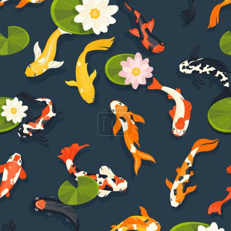 Ilustración de Patrón de peces Koi. Impresión sin costuras de peces koi chinos nadando en el estanque, adorno animal asiático tradicional para papel pintado de tela. Textura vectorial. Vida silvestre submarina con animales manchados de colores - Imagen libre de derechos