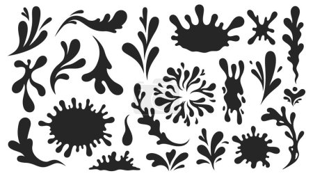 Illustration for Black water splashes. Abstract wet splatter drops for tattoo design, river wave ripple stain splash simple marine environment doodle. Vector isolated set. Different dirt or ink shapes - Royalty Free Image