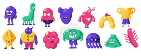 Illustration for Cute abstract monsters. Doodle funny shapes alien characters with different emotions, figures with cute faces. Vector childish monster set. Colorful fantastic beasts with various expressions - Royalty Free Image