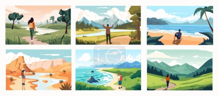 Illustration for People enjoying landscape view. Cartoon characters hiking and camping on nature, travelers and hikers discover new places. Vector isolated set. Man or woman standing alone watching nature - Royalty Free Image