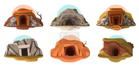 Cave entrance. Cartoon ancient mine with wooden door, prehistoric abandoned cavern with rock ground and dirt. Vector isolated set. Outdoor natural cliffs hole, dark tunnel landscape scene