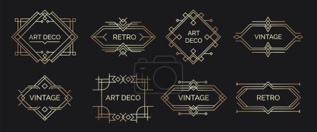 Illustration for Art deco labels. Retro geometric shapes with elegant arabic lettering, vintage minimal emblem for luxury premium stamp. Vector isolated set, vintage elements with flourish swirls isolated collection - Royalty Free Image