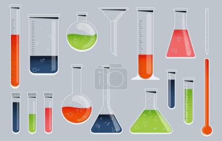 Illustration for Chemistry glass. Laboratory glassware with test tube beaker flask pipette erlenmeyer flask, science instrument collection. Vector set. Equipment for scientist, medical or chemical experiments - Royalty Free Image
