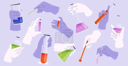 Illustration for Hands with chemicals. Medical scientist with test tubes and measuring tools. Chemist with bacteriological flask and gloves. Science lab vector set. Glass flasks with colorful liquids - Royalty Free Image
