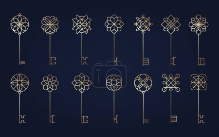 Illustration for Line key collection. Decorative crossed keys for password, security and privacy, luxury vintage style. Vector isolated collection. Unlocking equipment for house, gate private protection - Royalty Free Image